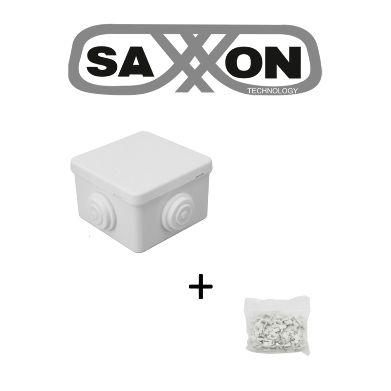 SAXXON SWD008LMG5MMC - Paquete de Caja de Conexiones 4 Entradas 80x80x50mm con Bolsa de Grapas Cuadradas de Pared de 6mm de alto