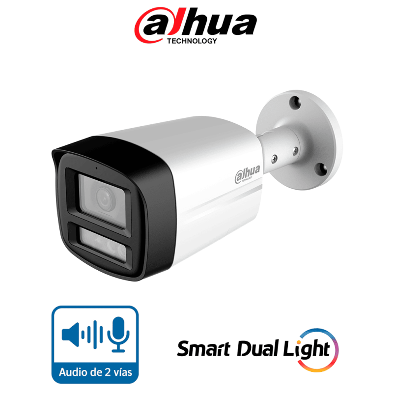 DAHUA HAC-HFW1200TLM-IL-T- Cámara Bullet de 2 Megapíxeles /  Lente de 2.8 mm Apertura de Hasta 111° /  Audio Bidireccional