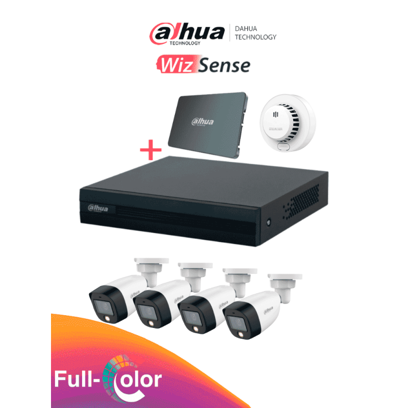 DAHUA PAQ-DH-KIT / XVR1B04-I-SSD(512G) / 4-H-DHI-HY-SA13A - Kit FullColor de 4 Canales con SSD de 512GB
