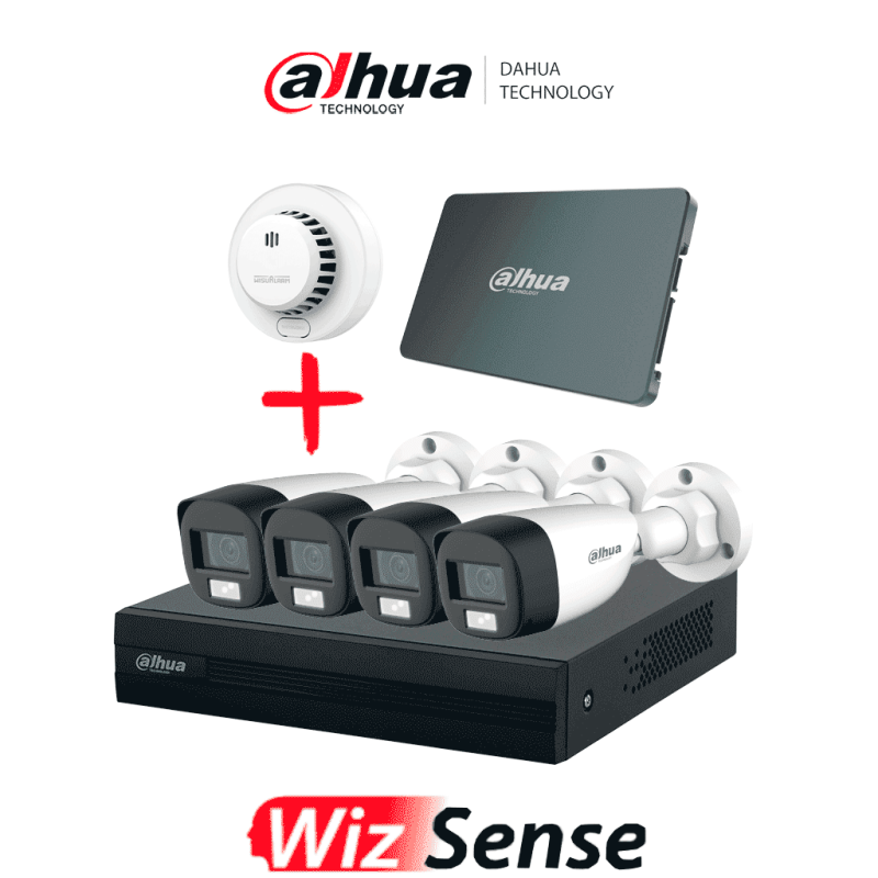 DAHUA PAQ-DH-XVR1B04-I / DH-HAC-HFW1200CLN-DHI-HY-SA13A - Kit Iluminación Dual de 4 Canales con SSD de 512GB