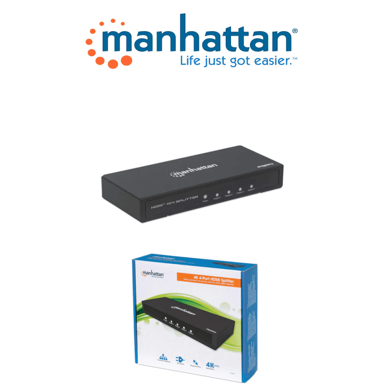 MANHATTAN 207805 - Video Splitter HDMI 4K de 4 puertos  /  4K@60Hz  /  alimentado por CA (corriente alterna)  /  Color negro