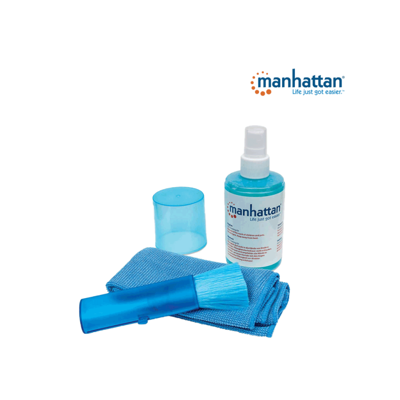 MANHATTAN 421027 Equipo para Limpieza de Pantallas LCD Libre de alcohol, incluye solución de limpieza, brocha y paño de microfib
