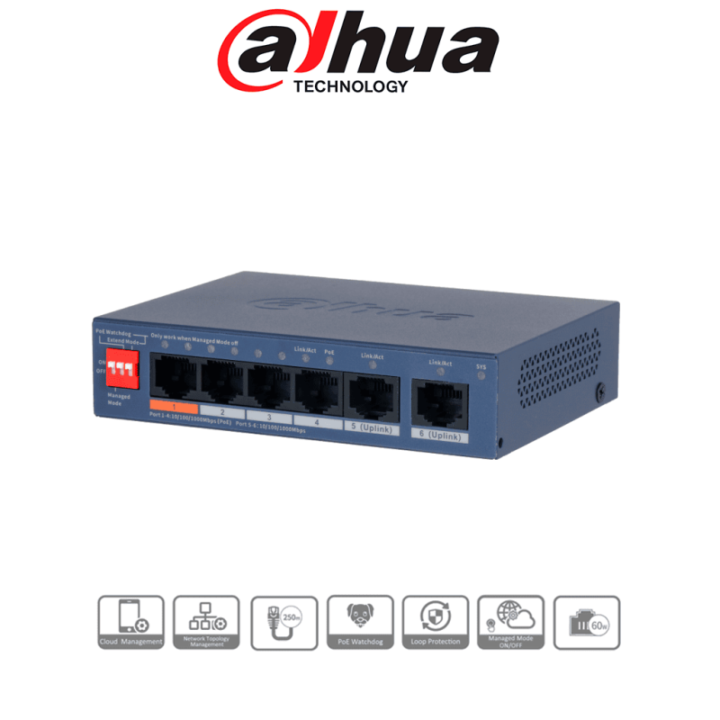 DAHUA DH-CS4006-4GT-60-V2- Switch PoE de 6 Puertos Gigabit /  4 Puertos PoE 10 / 100 / 1000 /  2 Puertos Uplink 10 / 100 / 1000