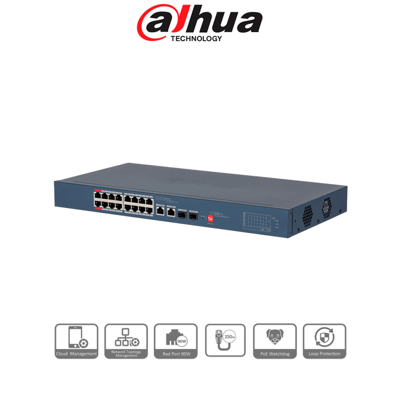 DAHUA DH-CS4218-16ET-135-V2 - Switch PoE de 18 Puertos /  16 Puertos Poe 10 & 100 /  2 Puertos Uplink + 2 Puertos SFP