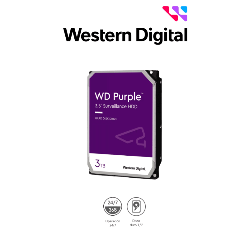WESTERN WD34PURZ - Disco Duro de 3TB Purple /  Especial para Videovigilancia /  Trabajo 24 / 7 /  Interface: Sata 6 Gb / s