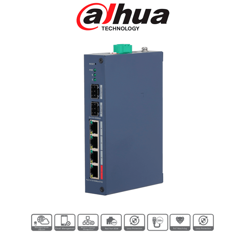 DAHUA DH-CHS4206-4ET-90 - Switch PoE de 6 Puertos Semi Industrial /  4 Ptos Downlink PoE /  2 Ptos Uplink SFP Gigabit