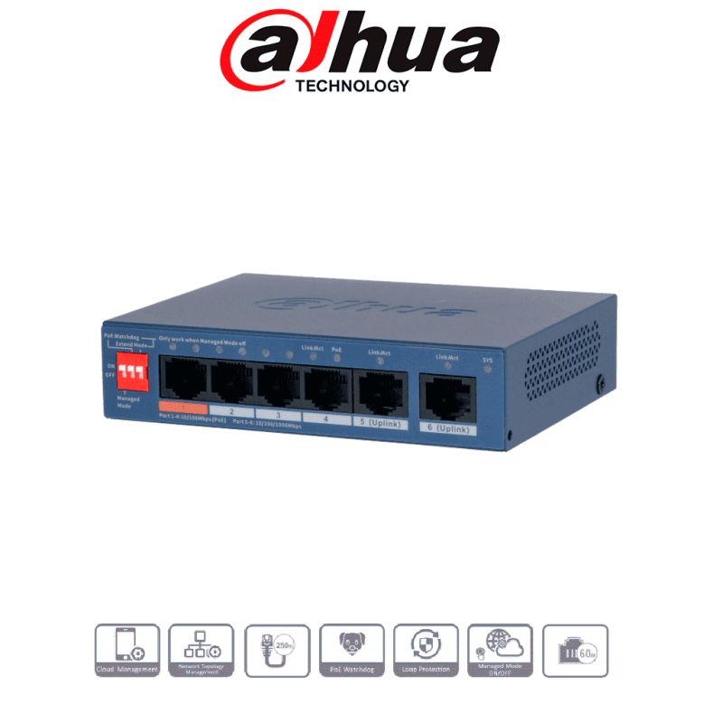 DAHUA DH-CS4006-4ET2GT-60 - Switch PoE de 6 Puertos Administrable /  4 Puertos PoE Downlink 10 & 100 /  2 Puertos Uplink GE