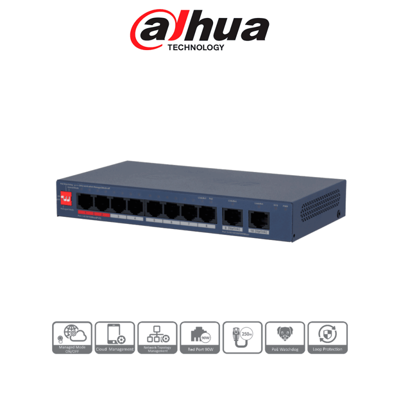 DAHUA DH-CS4010-8ET2GT-110 - Switch PoE de 10 Puertos /  8 Puertos PoE 10 & 100 /  2 Puertos Uplink GE