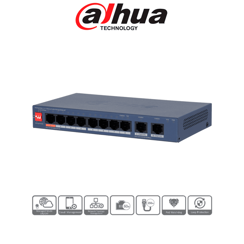 DAHUA DH-CS4010-8ET2GT-60 - Switch PoE de 10 Puertos  /  60Watts Totales /  1 Pto Hasta 60W /  2 Puertos Uplink GE RJ45