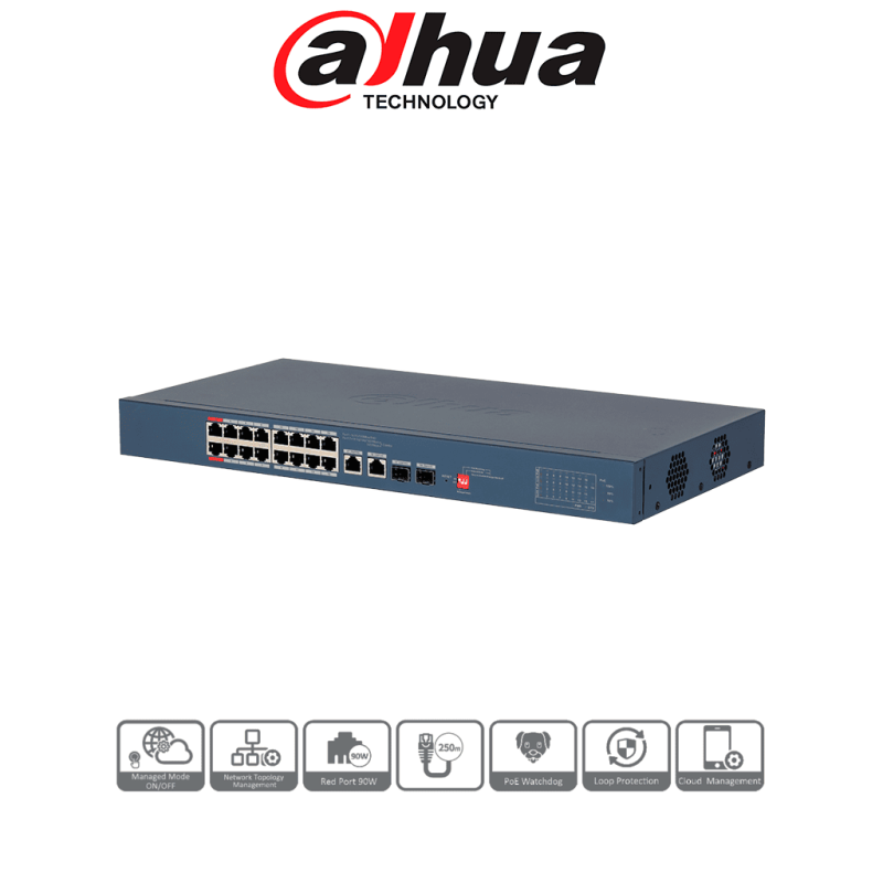 DAHUA DH-CS4218-16ET-240-V2 - Switch PoE Administrable de 18 Puertos  /  16 Puertos PoE /  240 Watts Totales /  Interfaz Web
