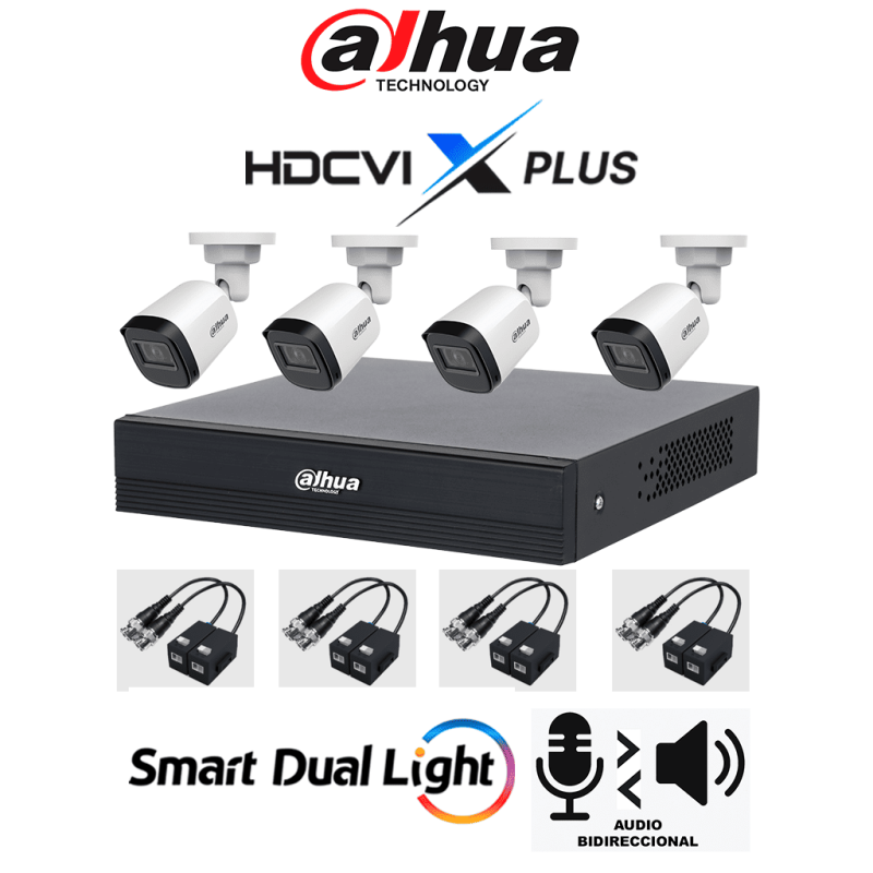 DAHUA DH-KIT / XVR1B04-I / T / 4-B1A21N-U-0280B / Balun - Kit 4 Canales Cámaras B1A21N-U de 2 MP, DVR XVR1B04-I