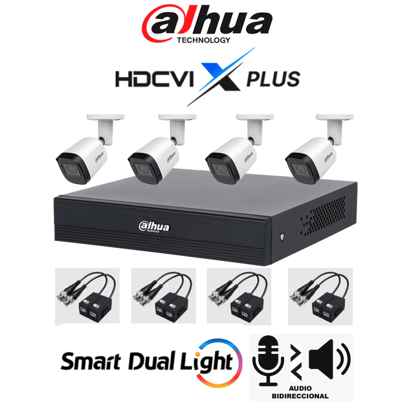 DAHUA DH-KIT / XVR1B04-I / T / 4-B2A21N-U-0280B / Balun - Kit 4 Canales Cámaras B2A21N-U de 2 MP, DVR XVR1B04-I