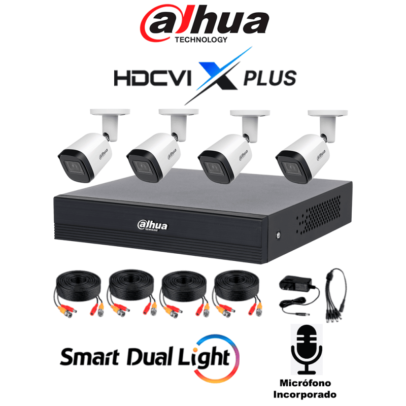 DAHUA DHI-KIT / XVR1B04H-I / T / 4-B2A51N-U-IL-A-0280B-S3-DIP -Kit de 4 Ch de 5 MP /  DVR Cooper-I WizSense / Con IA /  H.265+