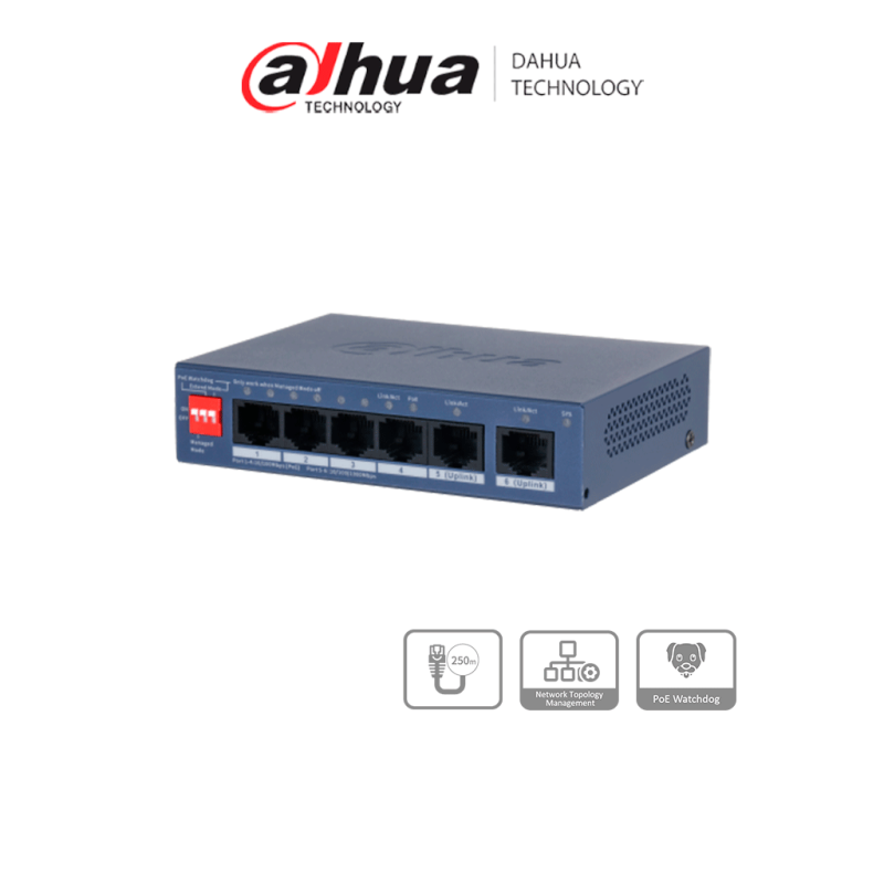 DAHUA DH-CS4006-4ET2GT-36 - Switch PoE de 6 Puertos Fast Ethernet / 4 Puertos PoE 10 / 100 / 1000  /  2 Puertos uplink 10 / 100