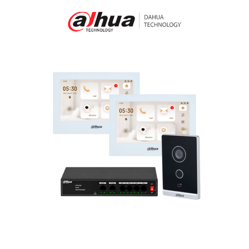 DAHUA KITVPIPWIFI01DH - Kit de Videoportero IP WiFi Dahua con 2 Monitores de 7", Frente de Calle y Switch PoE